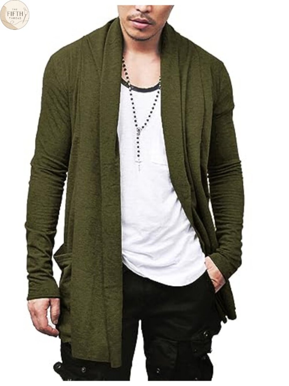 Men's Ruffle Shawl Collar Open Front Long Cardigan Lightweight Sweater